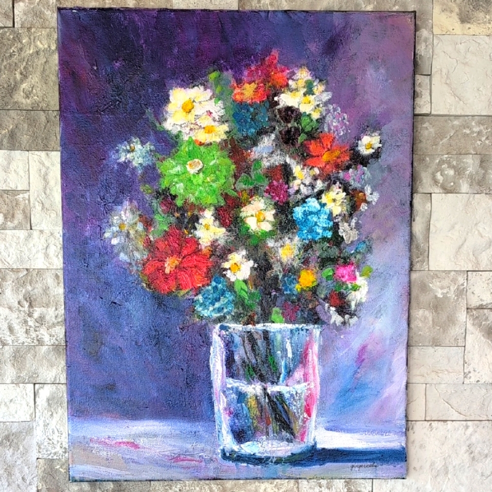 Purple & Green Impressionistic Floral Painting, Original Acrylic On 18X24 Canvas